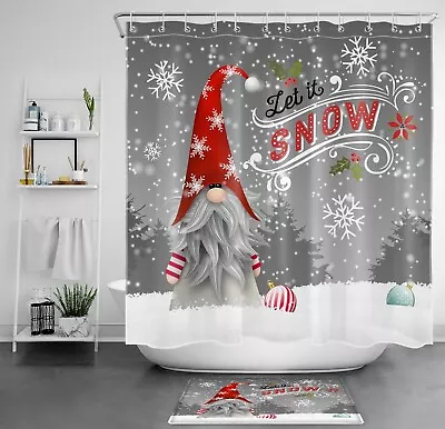 Snowflake Funny Gnome Merry Christmas Shower Curtain Bathroom Accessories Set • $10.99