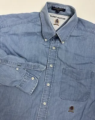 $14.24 • Buy Vintage 90s Tommy Hilfiger Chambray Shirt 2XL Blue Long Sleeve Preppy Hipster