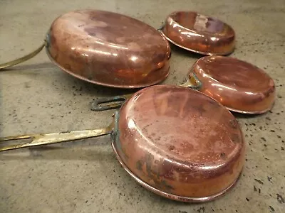 Vintage Set 4 Country Kitchen Copper Saucepan Fry Pan Brass Handle Tagus Chef • $259