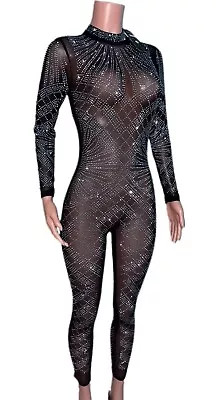 Black Studded Sparkly Dark Angel Fairy Bodysuit JumpSuit Catsuit Costume Gothic • £37.54