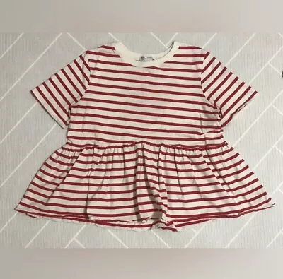 Zara Womens Crew Neck T Shirt Top Peplum Him Short Sleeve Striped Red White SZ S • $12