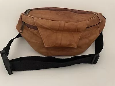 Vtg Brown Leather Fanny Pak Adjustable Waist Belt Bum Bag Zippered 3 Pocket • $14.99