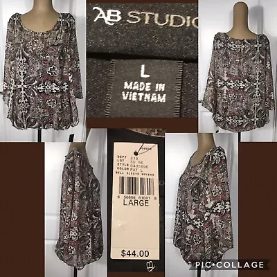 NEW! AB Studio Blouse Size Large 3/4 Bell Sleeves Smocked Lined Retail $44 NWT!  • $8.99