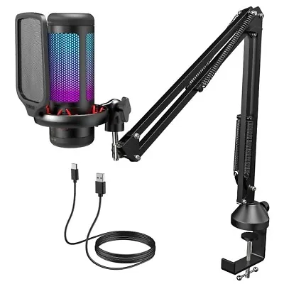 USB Microphone Condenser Mic Gaming With Boom Arm Quick Mute RGB Lighting Set PC • £34.89