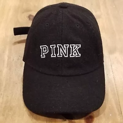 Pink Victoria Secret Hat Cap Strap Back Black Spell Out Casual Wool Womens • $6.25