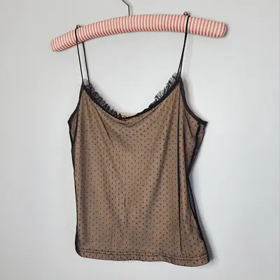 Moda International S Tank Top Nude Black Dot Mesh Overlay Y2K Millenium Club • $55