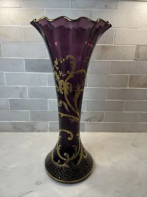 Mont Joye Amethyst Glass Art Nouveau 16” Ruffle Rim Vase Gold Detail Large • $125