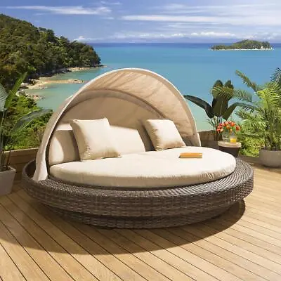 Huge Garden Patio Round Reclining Daybed Sofa Canopy Brown - Beige • £2524.25