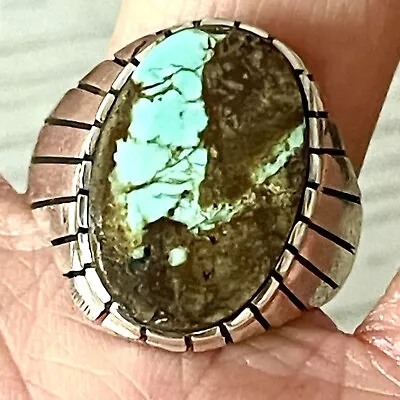 Number 8 Mine Turquoise Mens Ring Sz 10.5 Oval Navajo Signed T Jack Spiderweb • $109.94