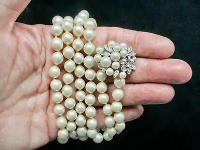 Vintage-VENDOME Double Knotted Faux Pearl Necklace W/Rhinestone Clasp • $40.49