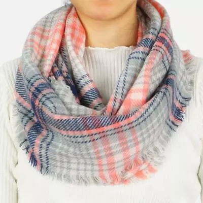 Grey Blue Peachy Pink & White Plaid Infinity Scarf • $6.99