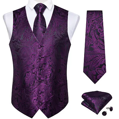 US Designer Mens Waistcoat Royal Blue Paisley Floral Silk Vest Jacquard Tie Set • $19.89