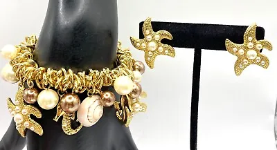 Vtg Starfish Charm Bracelet Earring Set Sealife Seahorse SeaShells Pearls Gold!! • $16