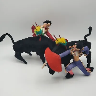 Vtg Set Of 2 1950s Felt Bullfighter/Matador & Bull Doll.  Spain  • $64.99