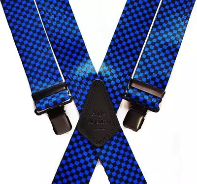 £14.99 • Buy Mens Braces Heavy Duty 1.5  Or 2  Blue Black Chequered Motorbike Ska Black Clips