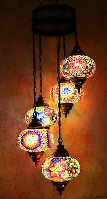 £151.99 • Buy Turkish Moroccan Glass Mosaic Hanging Ceiling Pendant Lamp Light 5 Large Globe
