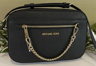 Michael Kors Jet Set Large Zip Chain Crossbody Bag Shoulder Black Leather Gold • $87.99