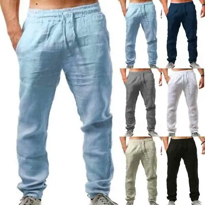$15.19 • Buy Mens Casual Linen Baggy Yoga Pants Drawstring Loose Straight Beach Long Trousers