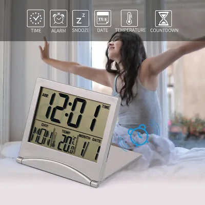 £4.87 • Buy Digital Alarm Clock Temperature LCD Desk Top Calendar Travel Snooze Clock Silver