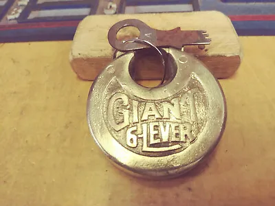 Antique/vintage GIANT 6 Lever Push Key Pancake Padlock 2A • $53.95