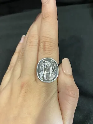 925 Sterling Silver Mens Womens Virgin Maria Mary Virgen Guadalupe Ring Sz 5 6 • $40