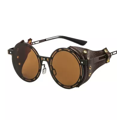 Vintage Steampunk Side Shields Leather Round Retro Shades Men's Women Sunglasse • $19.99