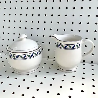 MIKASA Sugar Creamer Set Rosette MK815 Blue Green Leaf Border • $19.99