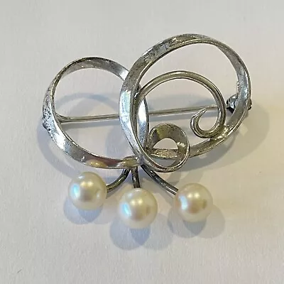 Mikimoto Akoya Pearl Sterling Silver Brooch Swirls 1950 Antique Vintage Classic • $100