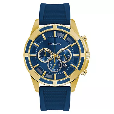 Bulova Mens Quartz Chronograph Calendar Blue Silicone Strap Watch 44mm 97B193 • $121.99