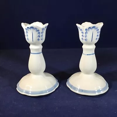 Pair VILLEROY BOCH Luxembourg Blue Leaf 5”h CANDLESTICKS  • $28.95