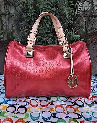 Michael Kors Large Grayson Red Logo Signature Duffle Tote Handbag • $99.99