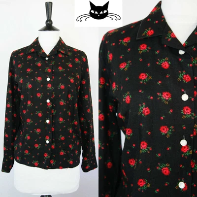 Folk Red Rose Print 1970s Vintage Black Boho Hippy Shirt 14-16 • £10