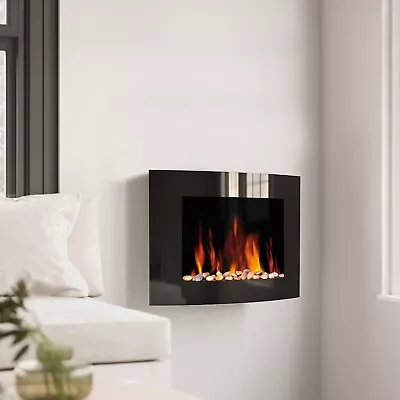 Wall Mounted Electric Fire Fireplace Black Glass Curved LED Flicker Effect Flame • £119.99