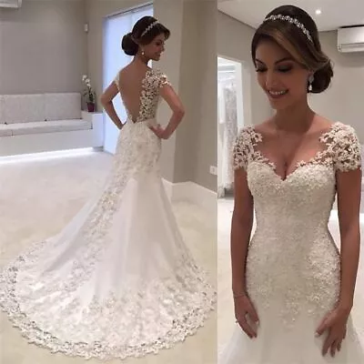 Vintage Backless Lace Mermaid Cap Sleeve Wedding Gown • $236.99