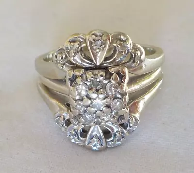 Vintage Heavy 14k White Gold Cluster Diamond Ring Set- 9.73 Gms Sz 10 0.25 Ctw • $478