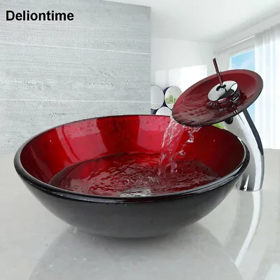 £69.98 • Buy UK Bathroom Red Round Tempered Glass Wash Bowl With Waterfall Taps Deck Mounted