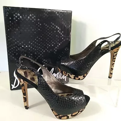 Sam Edelman Peep Toe Sling Back Heels Snake Skin Effect Leopard Print 7M Size 3 • £19.99