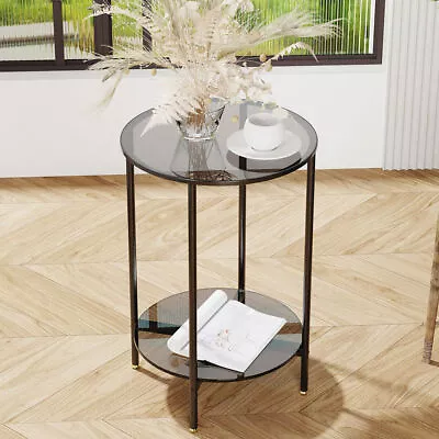 2-Tier Modern Tall Metal And Glass Round Side End Table For Bedroom Living Room • $72.95