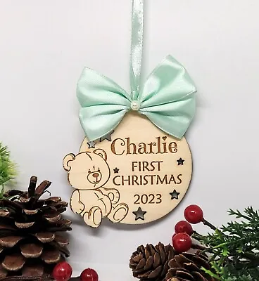 Personalised Wooden First Christmas Tree New Baby Bauble Ornament Gift Xmas • £4.49