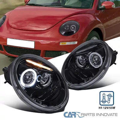 Fits VW 98-05 Beetle Glossy Black Smoke LED Halo Projector Headlights Head Lamps • $178.95