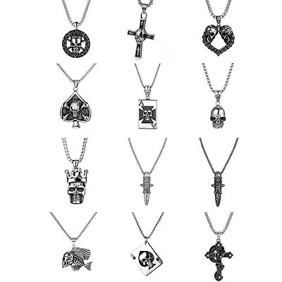 Gothic Mens Stainless Steel Punk Skull Pendant Chain Biker Necklace Halloween • $12.89