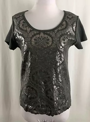 Anthropologie Moth Women Top Gray Shiny Silver Short Sleeves Cotton Small • $14.99