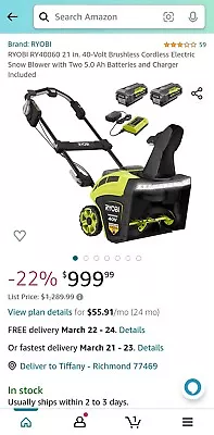 $290 • Buy Ryobi 40v 21  Snow Blower/Sweeper Whisper Series (blower Only!)