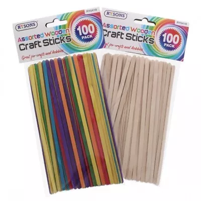 100Pk Assorted Wooden Or Coloured Lollypop 19cm Long Sticks Craft Model Making • £3.45