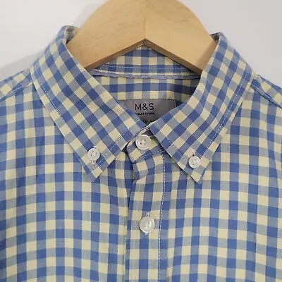 Mens M&S Shirt Small Blue Yellow Check Short Sleeved Peached Pure Cotton Oxford  • £12.90