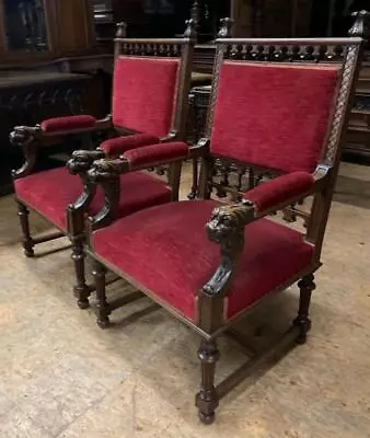 ARRIVES JULY 2024: Pair Of French Antique Renaissance Upholstered Walnut Chairs • $2450