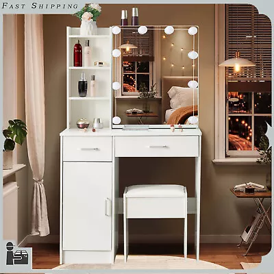 2 Drawers Vanity Dressing Table W/10 Led Lighted Sliding Mirror Makep Desk Stool • £136.86