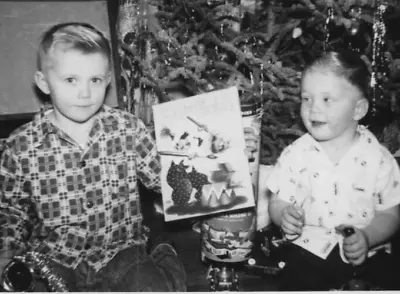4Q Photograph Portrait Boys Brothers Christmas Tree Presents Toys Book 1955 • $14.96
