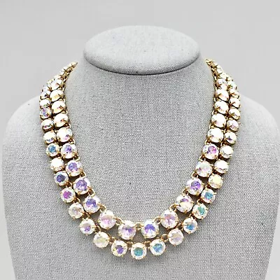 J. Crew Brulee Statement Necklace Iridescent Round Crystals Double Row Gold Tone • $199.99