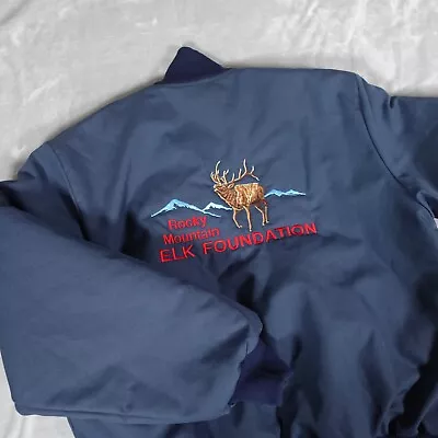 Vintage Rocky Mountain Elk Foundation Bomber Puffer Jacket Mens L Slim Blue • $29.99